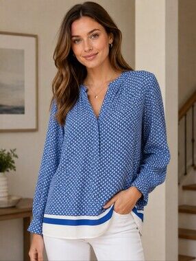 Rose & Olive Blue and White Printed V-Neck Tunic